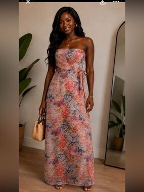 Beautiful Gap Colorful Strapless Chiffon Maxi Dress - Pink, Coral & Navy